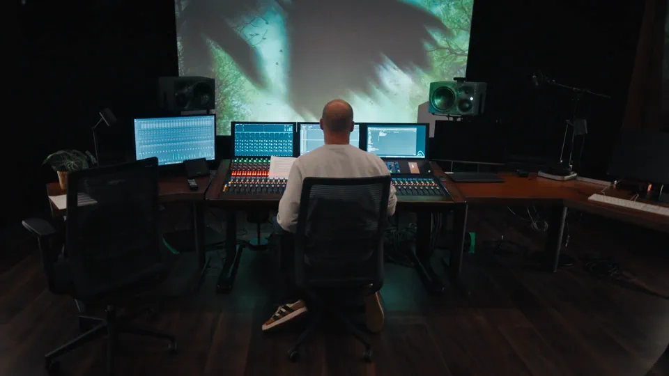Mix studio with a mixing console and large screen